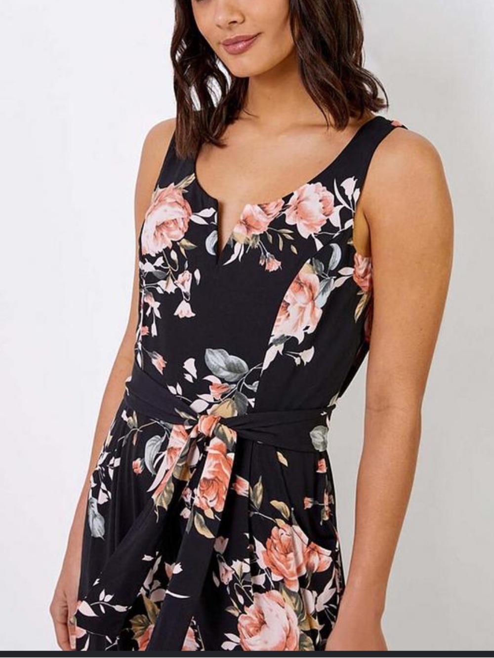 LTS Floral Jumper Jump Suit Tie Waist Belt Black V Key Hole Flowy Summery 16